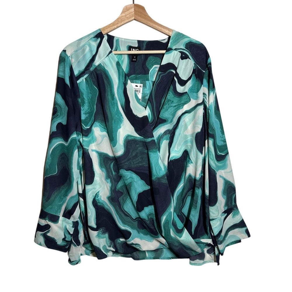 I.N.C. Teal Blue Green Marbled Surplice Neck Wrap Blouse Top Sz 2X Office Career